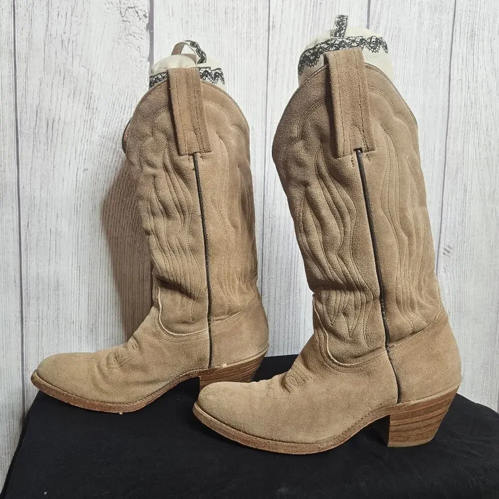 VTG Frye Tan Suede Leather Made in USA Boots, Style 3845, size 7.5 D